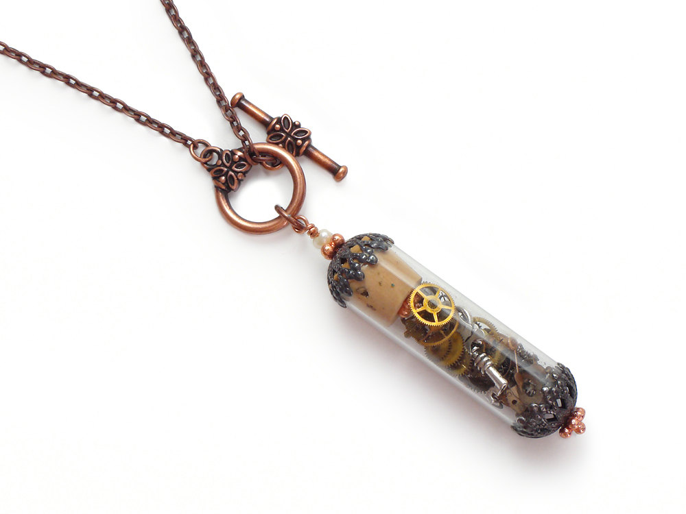 Steampunk Necklace vintage glass vial watch parts gears key pearl silver filigree copper bottle pendant design