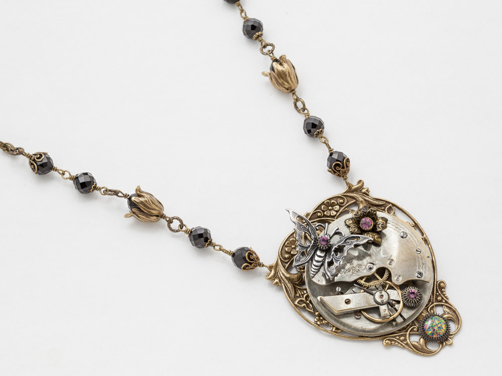 Steampunk Necklace Vintage pocket watch movement purple black crystal Opal silver butterfly pendant Gold filigree statement necklace 2610