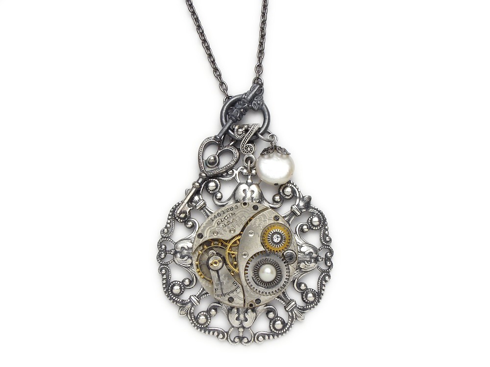 Steampunk Necklace vintage silver pocket watch gold gears filigree flower Victorian skeleton key pearl crystal pendant