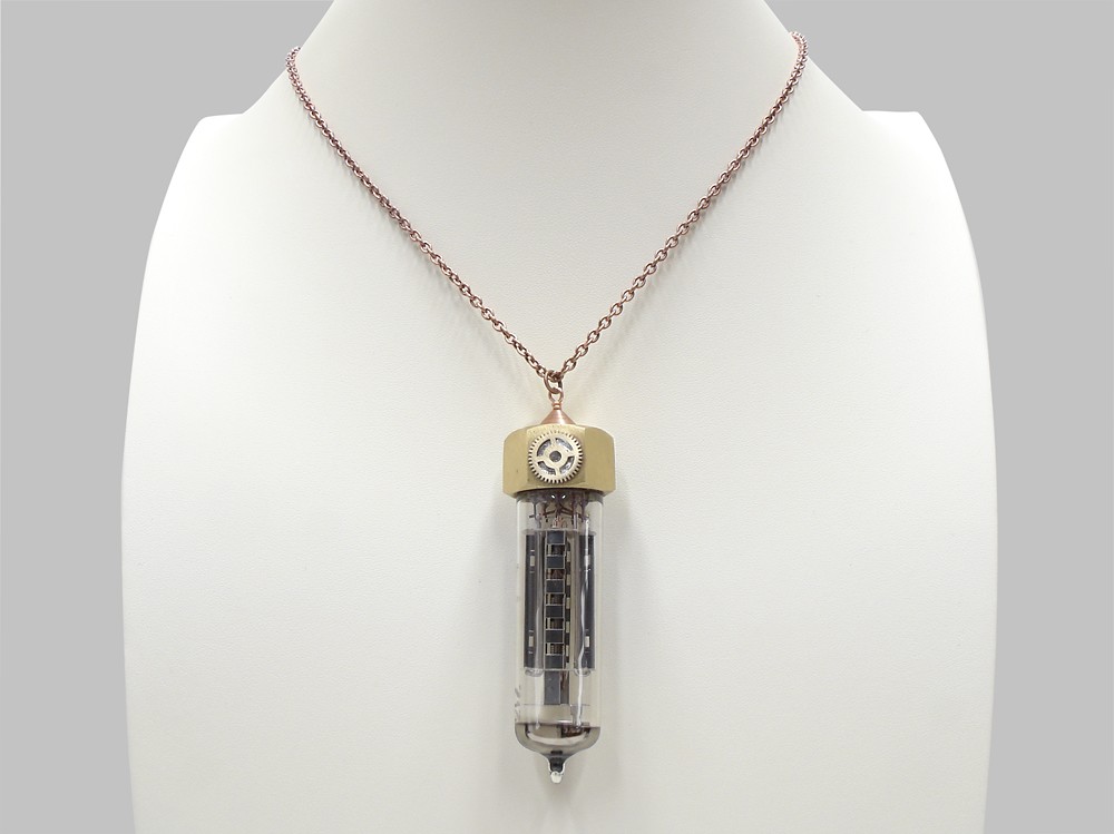 Steampunk Necklace vintage vacuum glass tube with gears watch parts copper and brass pendant