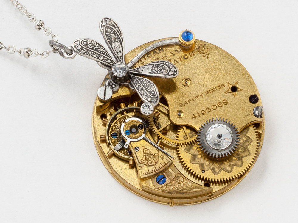 Steampunk Necklace Waltham gold pocket watch movement with blue sapphire Swarovski crystal silver dragonfly