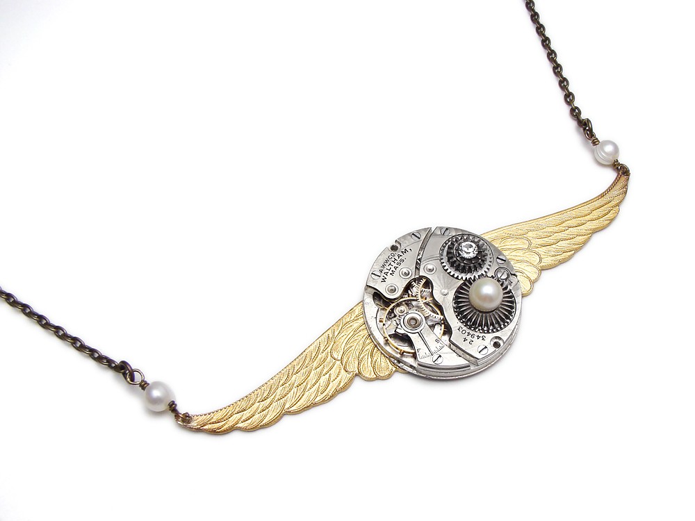 Steampunk Necklace Waltham pocket watch antique 1900 guilloche engraved ruby jewel silver gold robotic wings with genuine pearl and Swarovski crystal stone