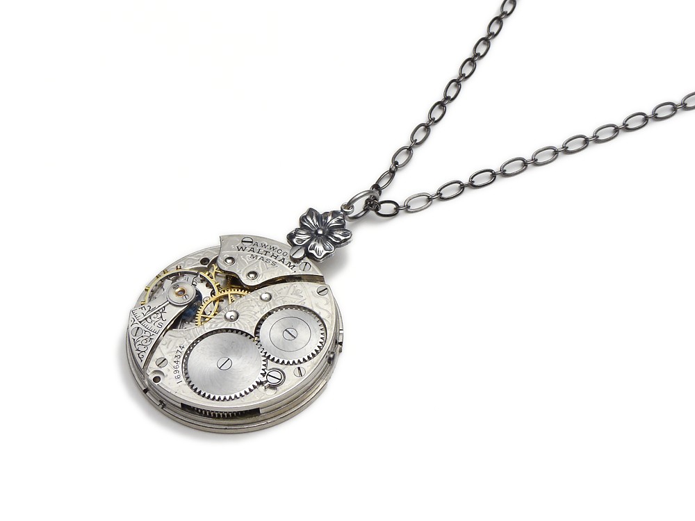 Steampunk Necklace Waltham pocket watch movement engraved flower silver pendant necklace Steampunk Jewelry Statement Necklace