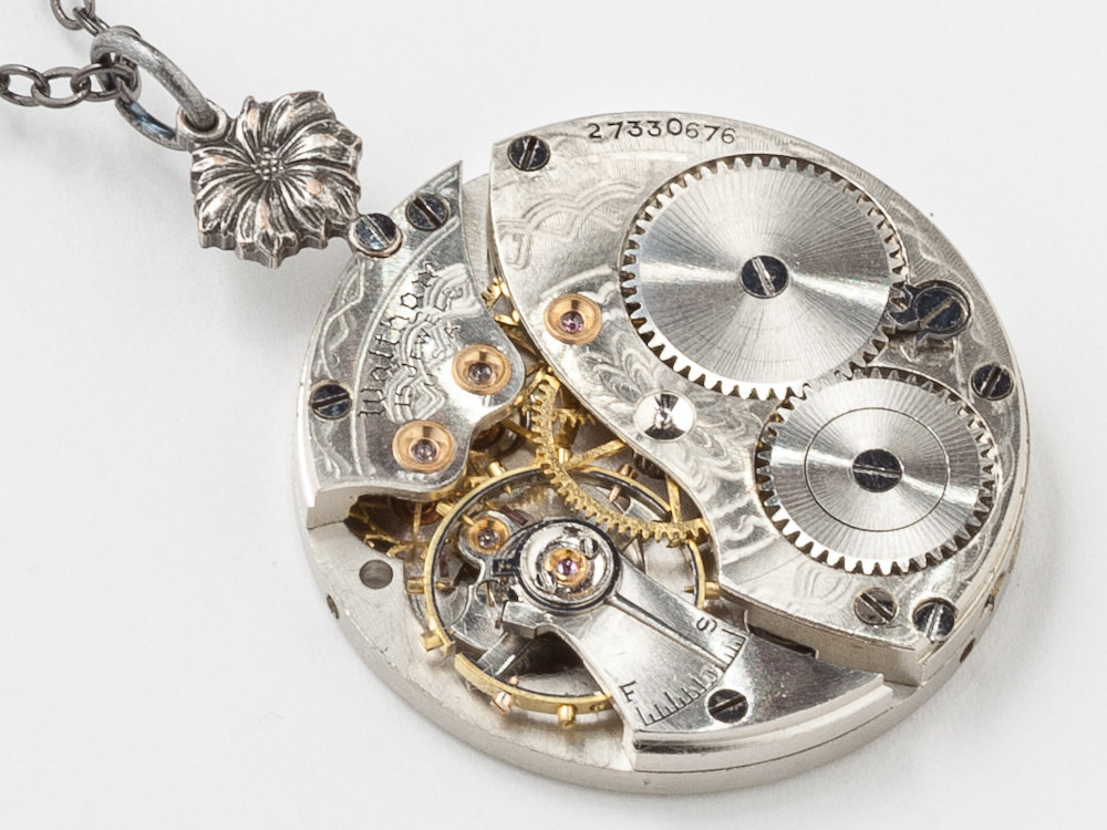 Steampunk Necklace Waltham pocket watch movement gears silver flower pendant Steampunk jewelry