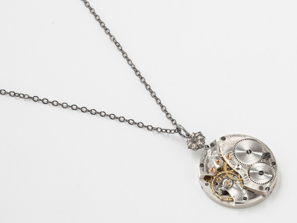 Steampunk Necklace Waltham pocket watch movement gears silver flower pendant Steampunk jewelry