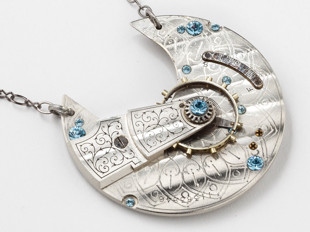 Steampunk Necklace Waltham pocket watch movement plate gears blue crystal silver Victorian Steampunk jewelry