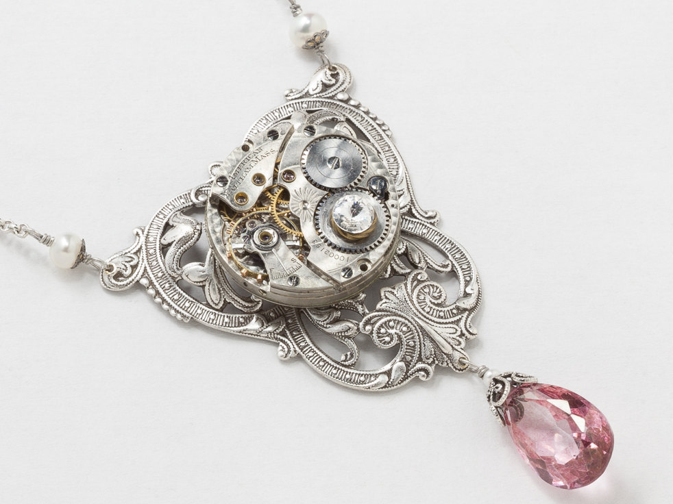 Steampunk Necklace Waltham Pocket Watch Movement with Pink Quartz Pearl Victorian Silver Flower Filigree Statement Necklace