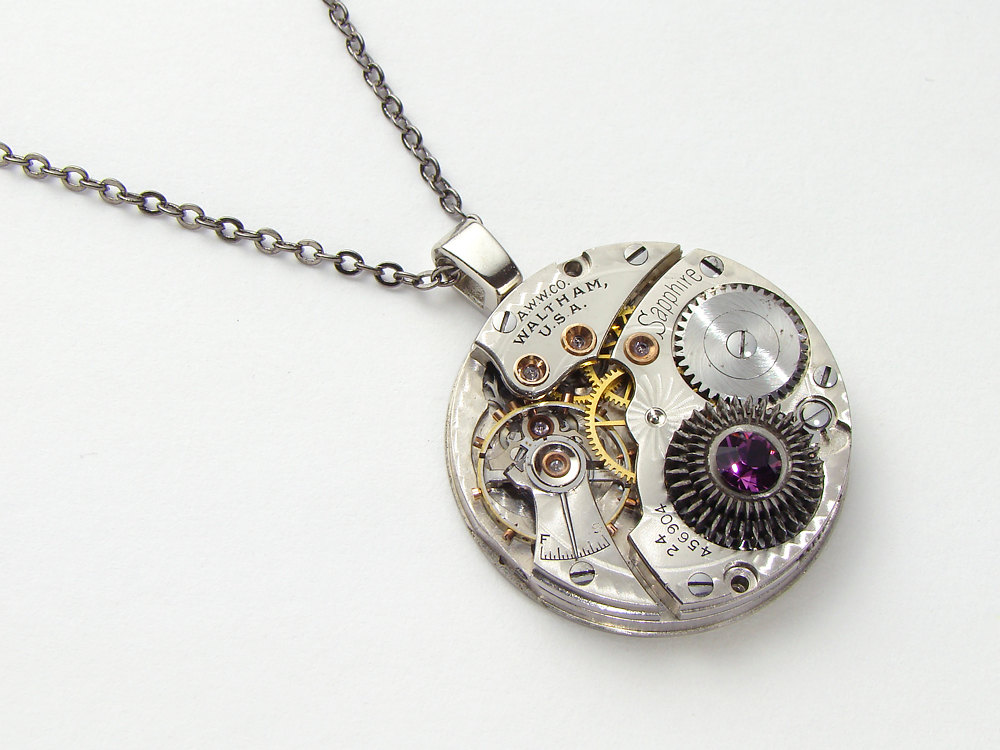 Steampunk Necklace Waltham Sapphire pocket watch movement silver pendant purple crystal statement necklace Steampunk Jewelry