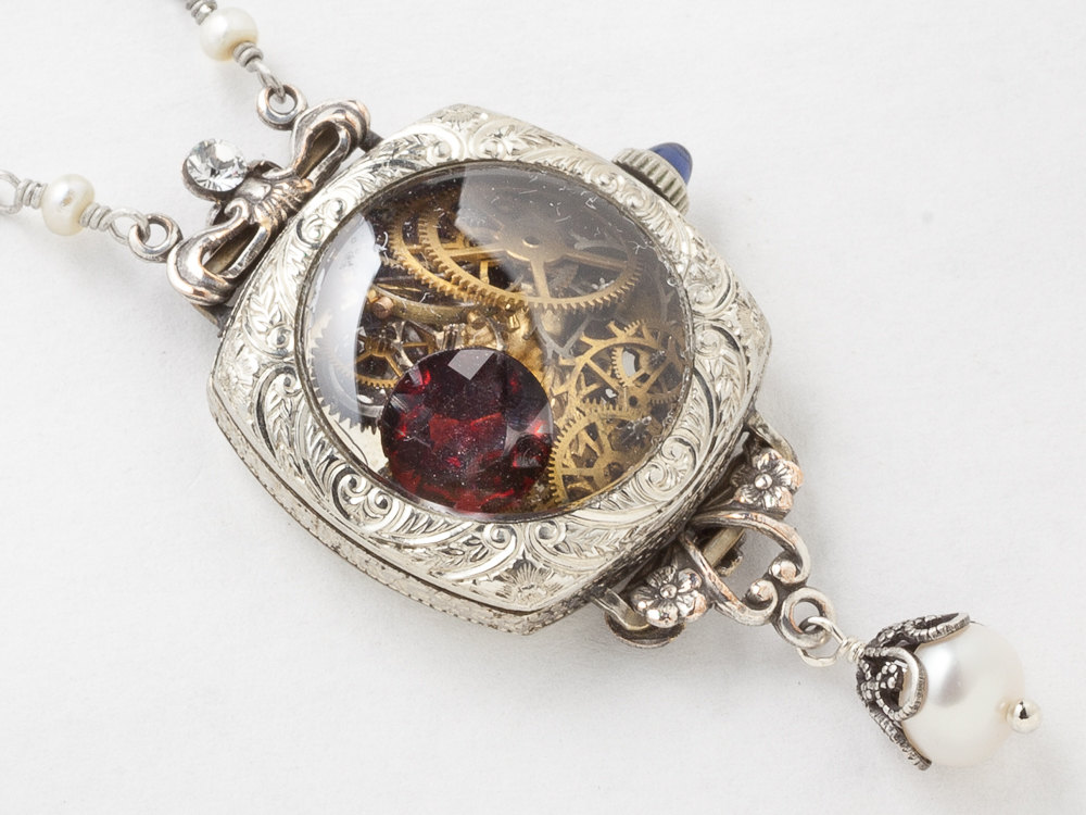 Steampunk Necklace watch case 14k white gold filled gears bird pendant red garnet blue sapphire pearl Statement necklace