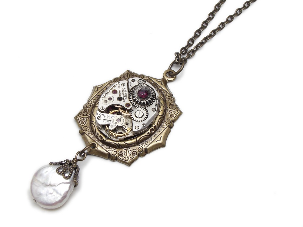 Steampunk Necklace watch gear movement antique 1940 gold silver genuine ruby and coin pearl capped in filigree neo victorian motif bezel vintage pendant original jewelry design by Steampunk Nation 735