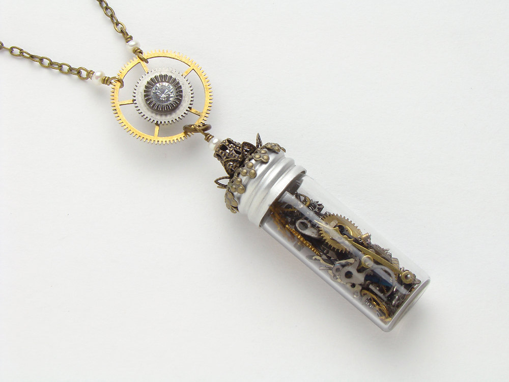 Steampunk Necklace watch gears cogs glass vial skeleton key Swarovski crystal pearl gold filigree