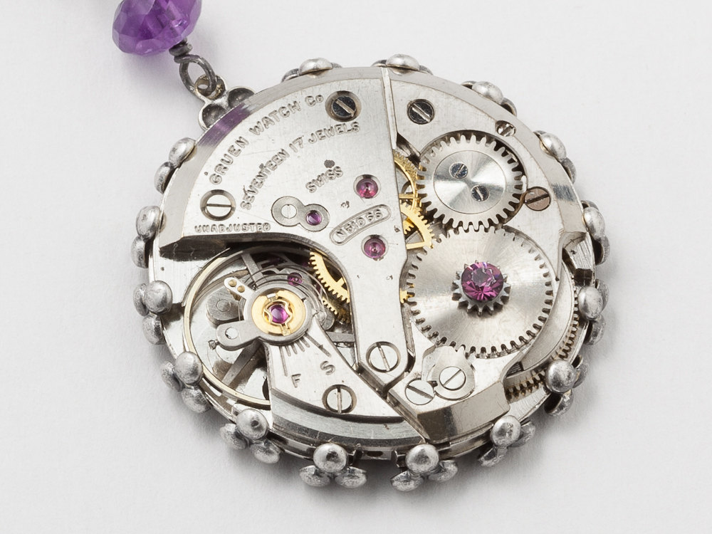 Steampunk Necklace watch movement Amethyst purple crystal silver flower filigree pendant jewelry