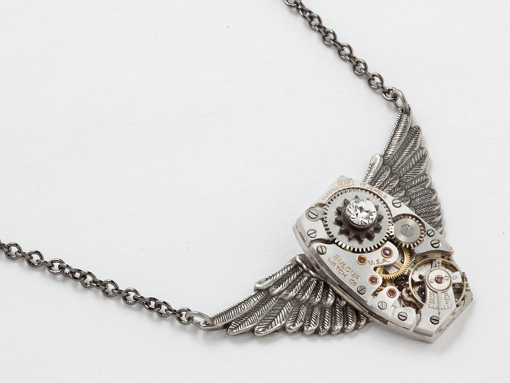 Steampunk Necklace watch movement antique gears silver wings Swarovski crystal unisex pendant jewelry