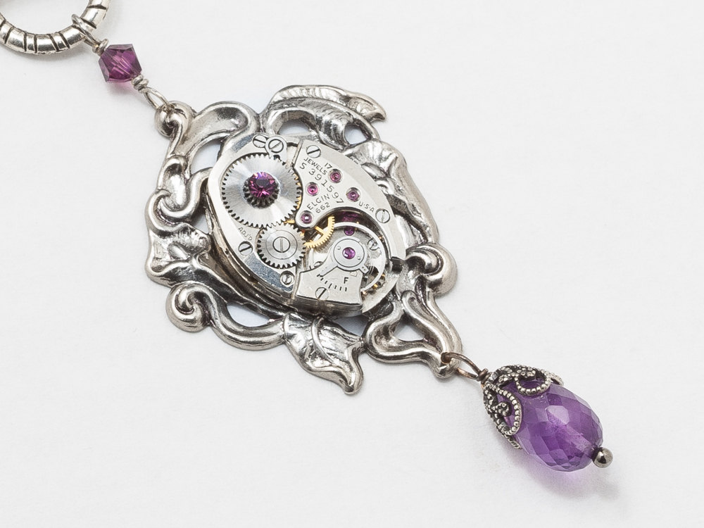 Steampunk Necklace watch movement cog Amethyst purple crystal Art Nouveau silver flower leaf filigree pendant Steampunk Jewelry