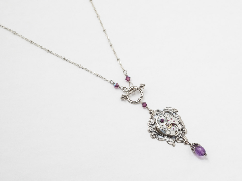 Steampunk Necklace watch movement cog Amethyst purple crystal Art Nouveau silver flower leaf filigree pendant Steampunk Jewelry