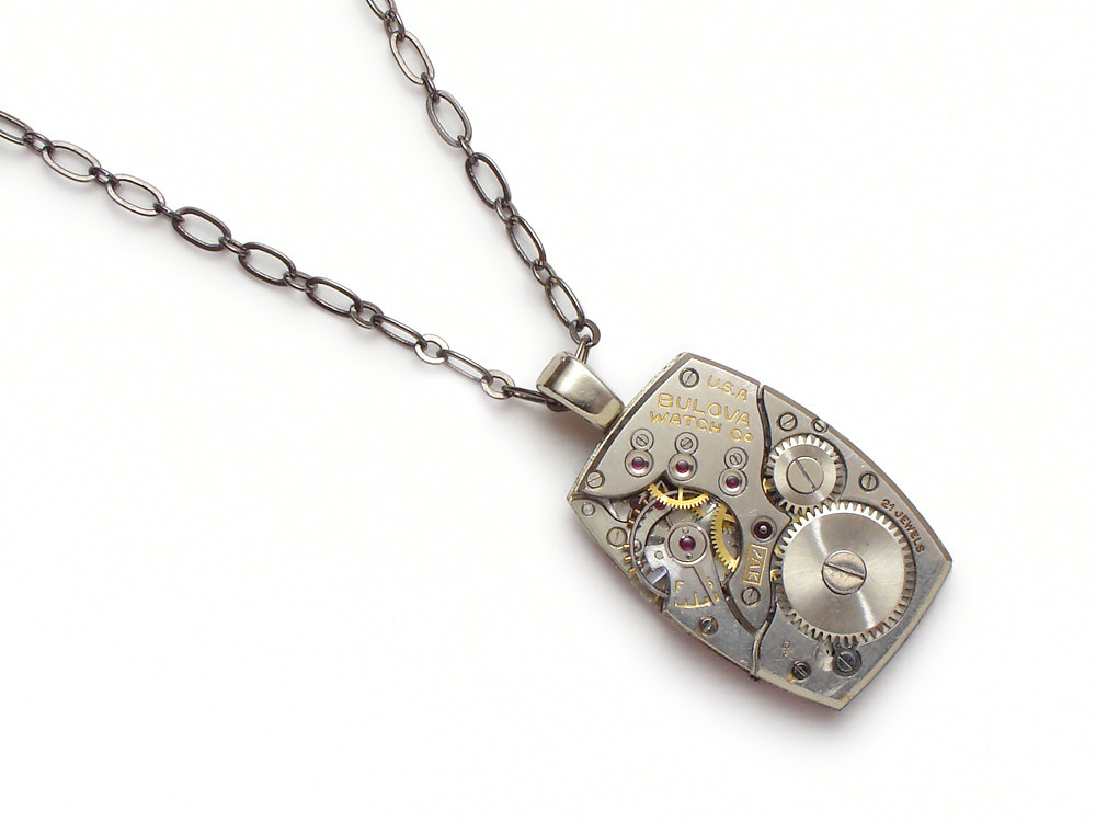 Steampunk Necklace watch movement gears antique Bulova silver tank style pendant unisex mens womens jewelry