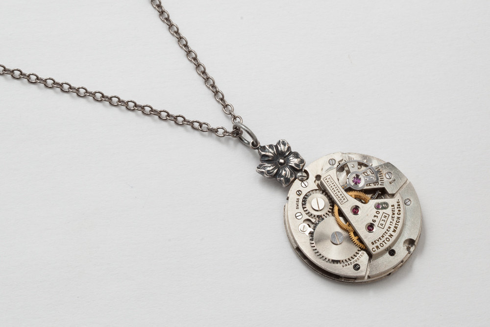 Steampunk Necklace watch movement gears antique circa 1940 genuine rubies silver flower pendant clock work jewelry