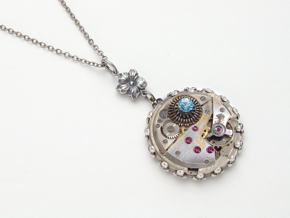 Steampunk Necklace watch movement gears blue crystal silver flower filigree bezel