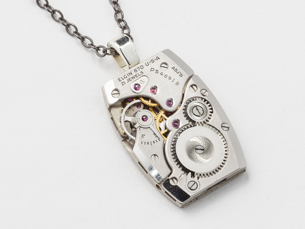 Steampunk Necklace watch movement gears Elgin silver tank style pendant unisex mens womens Steampunk jewelry