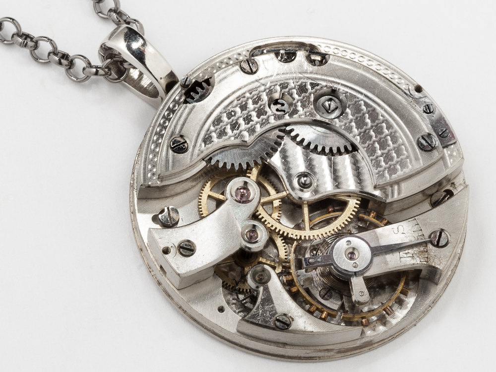 Steampunk Necklace watch movement gears engraved silver filigree pendant Steampunk jewelry