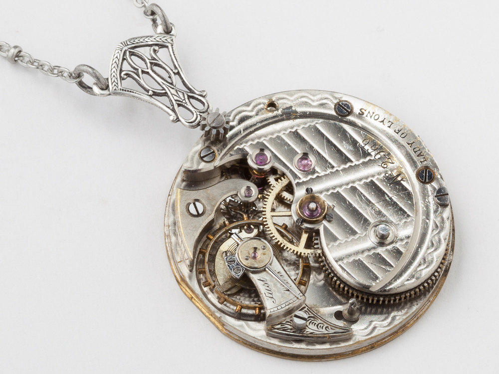 Steampunk Necklace watch movement gears engraved silver filigree pendant Steampunk jewelry
