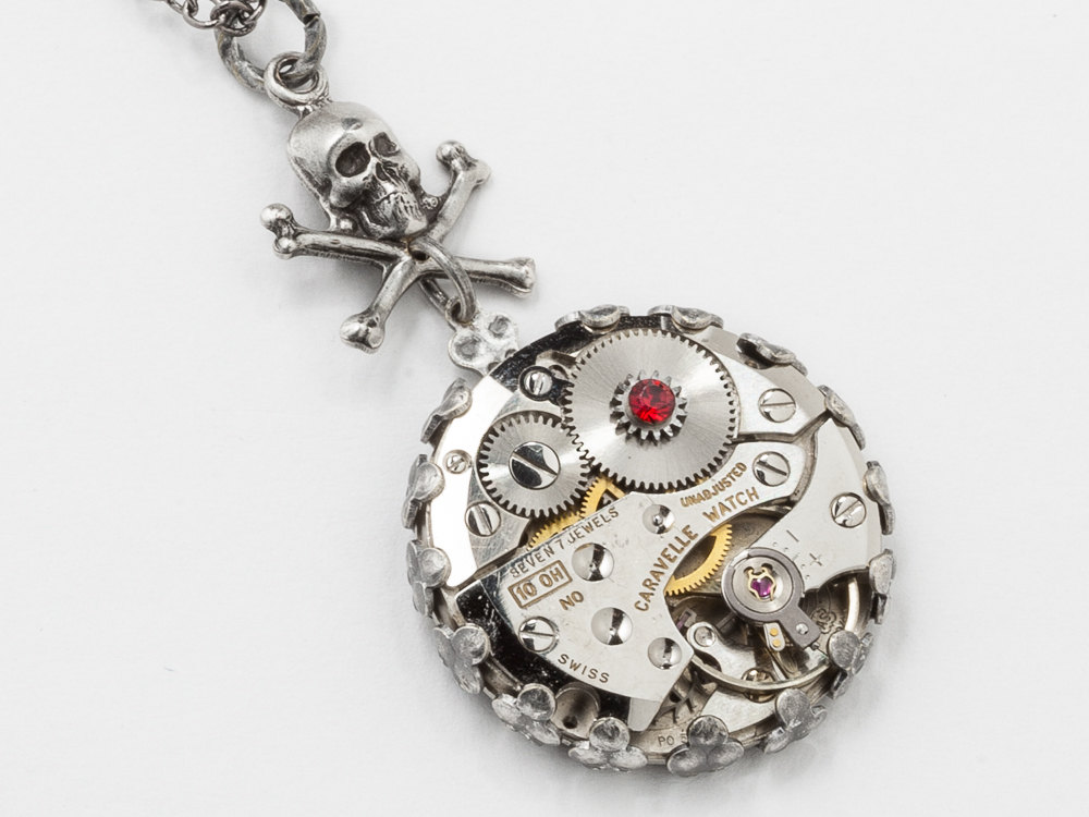 Steampunk Necklace watch movement gears garnet red crystal silver filigree skull crossbones unisex