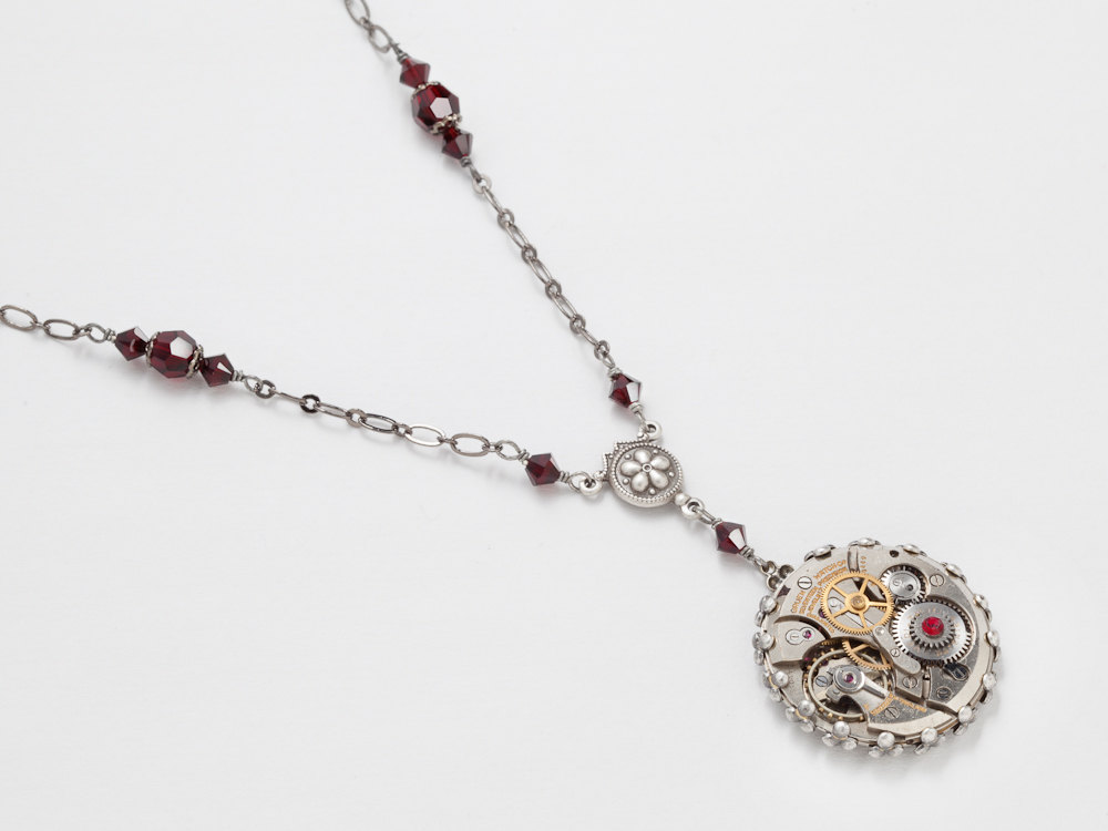 Steampunk Necklace watch movement gears garnet red crystal silver flower filigree womens