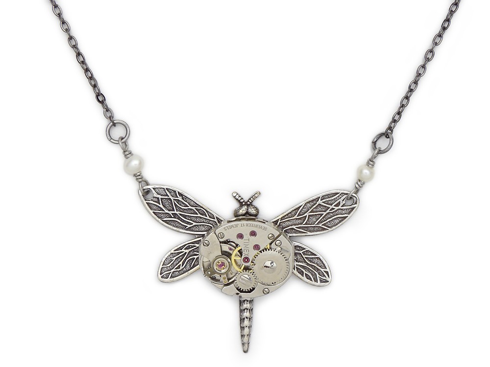 Steampunk Necklace watch movement gears genuine pearls silver dragonfly Art Nouveau design pendant Statement Steampunk jewelry