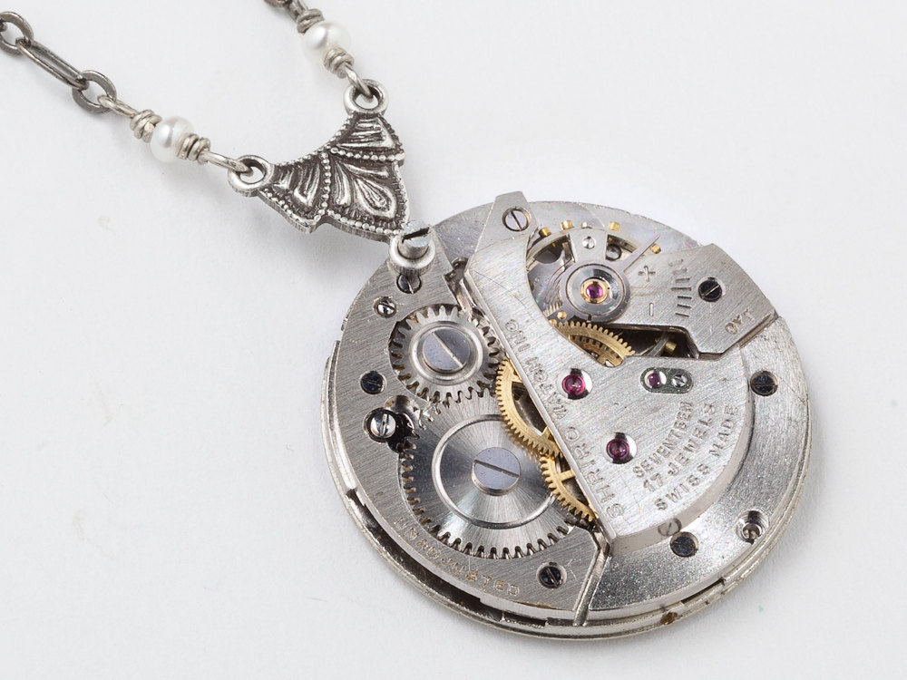 Steampunk Necklace watch movement gears genuine pearls silver leaf pendant Steampunk jewelry