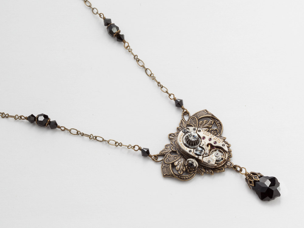 Steampunk Necklace watch movement gears gold flower leaf black Swarovski crystal pendant jewelry