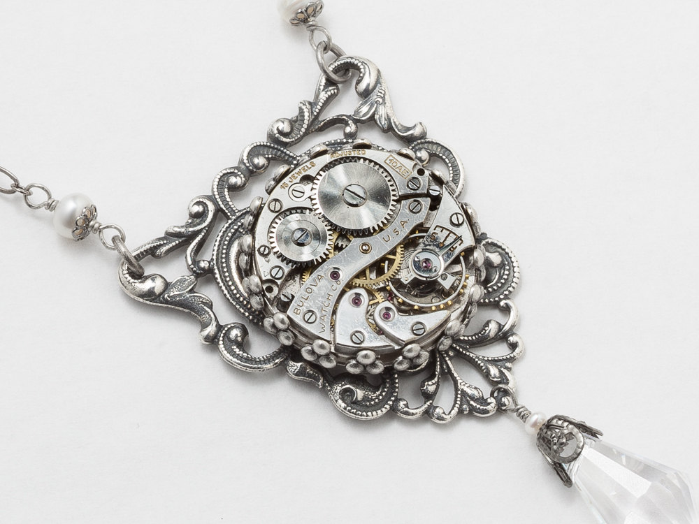 Steampunk Necklace watch movement gears Pearl Swarovski crystal silver filigree pendant Statement Wedding Steampunk jewelry
