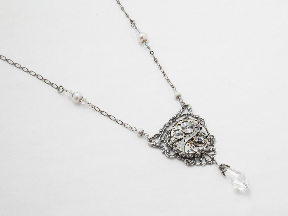 Steampunk Necklace watch movement gears Pearl Swarovski crystal silver filigree pendant Statement Wedding Steampunk jewelry