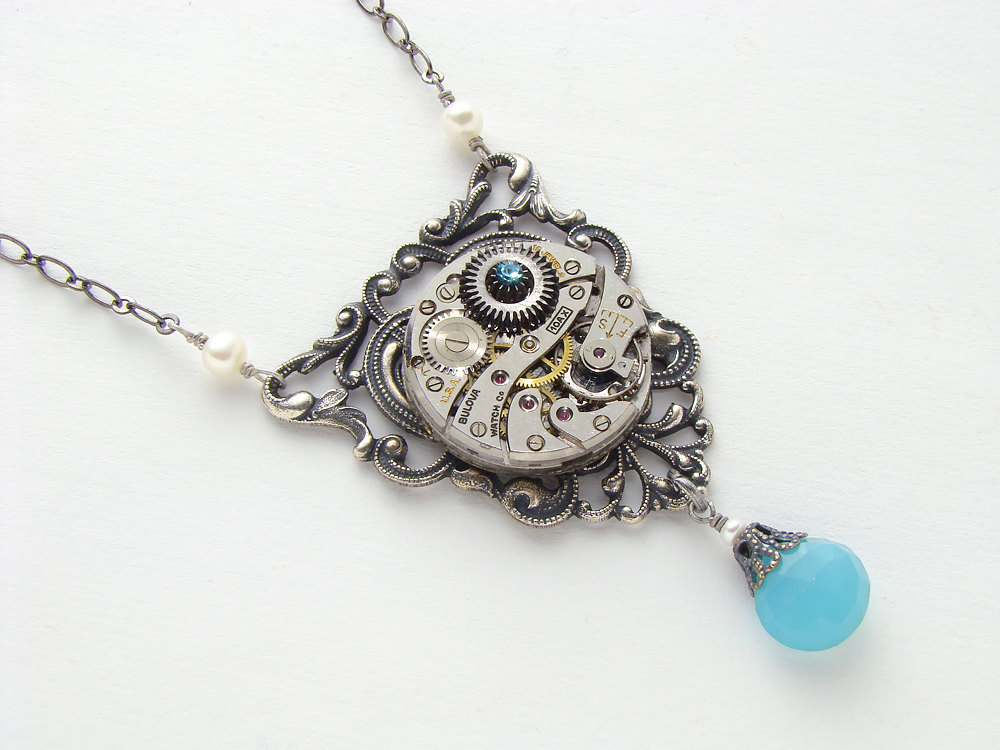 Steampunk Necklace watch movement gears pearls blue Agate aquamarine crystal silver filigree pendant jewelry