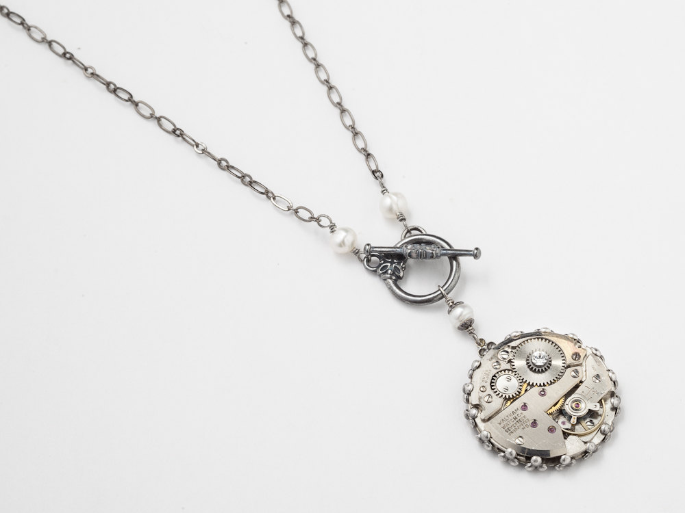 Steampunk Necklace watch movement gears pearls crystal silver flower filigree pendant jewelry