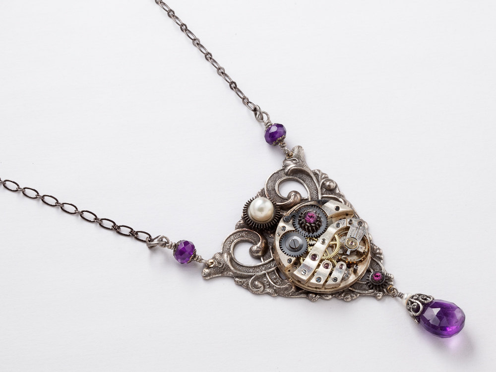 Steampunk Necklace watch movement gears purple crystal Amethyst pearls silver filigree Victorian leaf flower