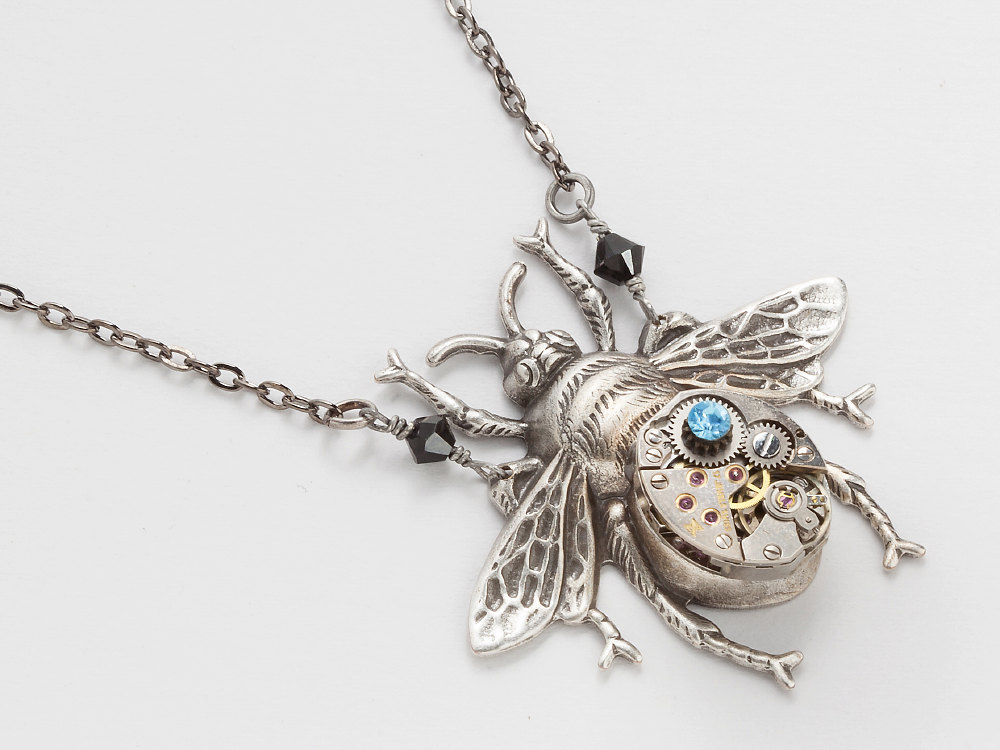 Steampunk Necklace watch movement gears silver bumble bee charm aquamarine blue black crystal
