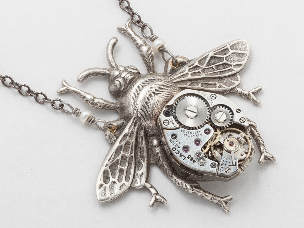 Steampunk Necklace watch movement gears silver bumble bee genuine pearl Victorian pendant Statement Necklace Steampunk Jewelry