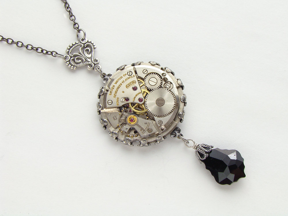 Steampunk Necklace watch movement gears silver filigree bezel black Swarovski crystal