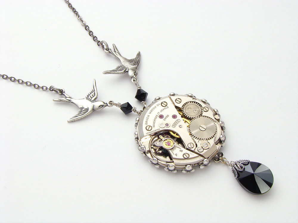 Steampunk Necklace watch movement gears silver filigree bezel black Swarovski crystal bird swallow