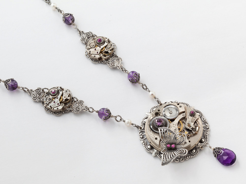 Steampunk Necklace watch movement gears silver filigree butterfly Amethyst pearls purple crystal