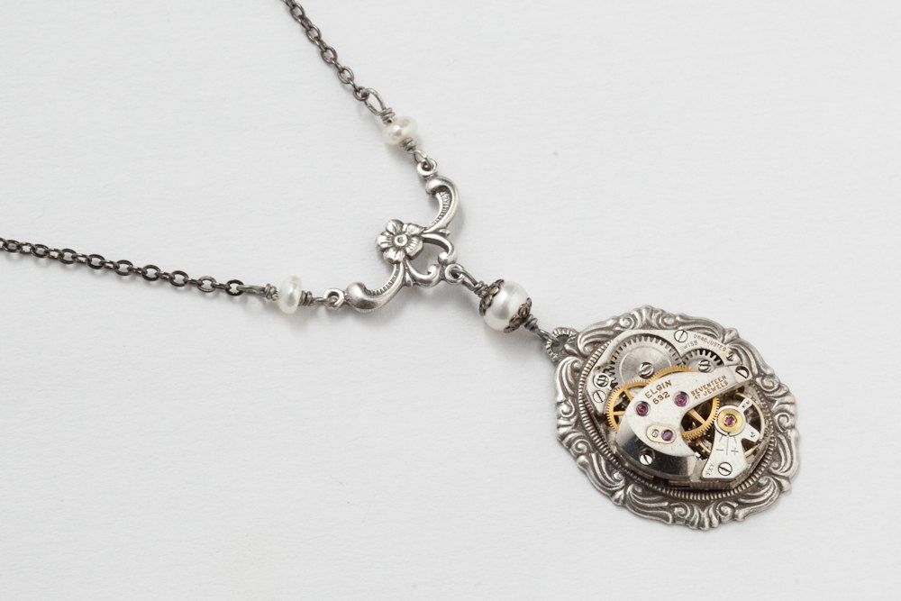 Steampunk Necklace watch movement gears silver flower genuine pearls Victorian wedding Statement pendant Steampunk jewelry