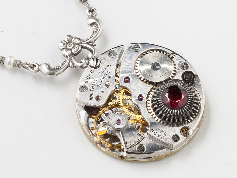 Steampunk Necklace watch movement gears silver flower red garnet pendant Steampunk jewelry