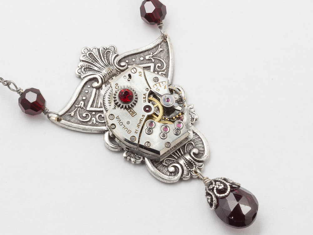 Steampunk Necklace watch movement gears Silver leaf flower filigree genuine Garnet red crystal Victorian Steampunk jewelry