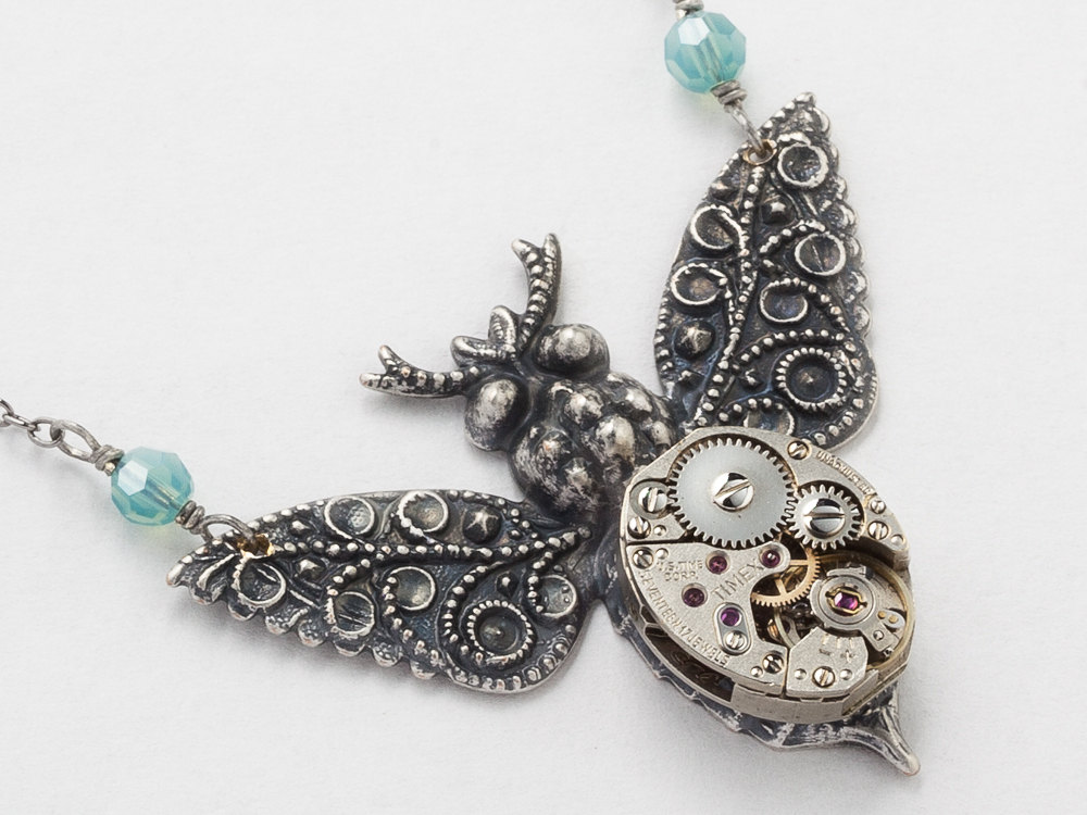 Steampunk Necklace watch movement gears silver Victorian bumble bee blue opal crystal pendant Statement Steampunk jewelry