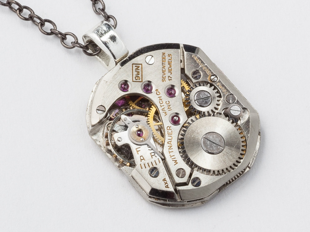 Steampunk Necklace watch movement gears Wittnauer silver watch works pendant unisex mens womens jewelry
