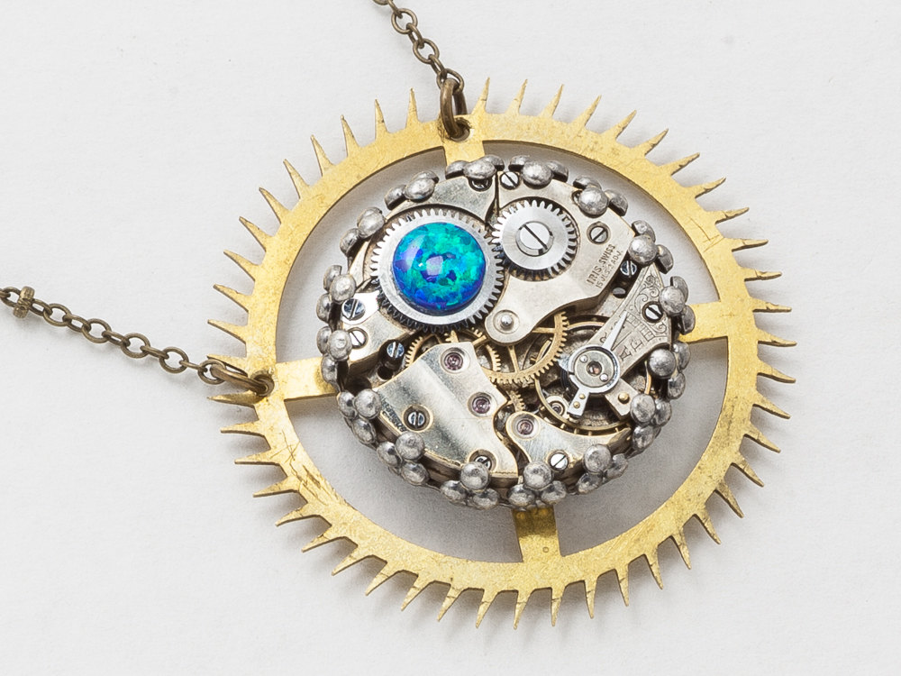 Steampunk Necklace watch movement gold clock gear with blue opal pendant silver filigree Statement Necklace Steampunk Jewelry