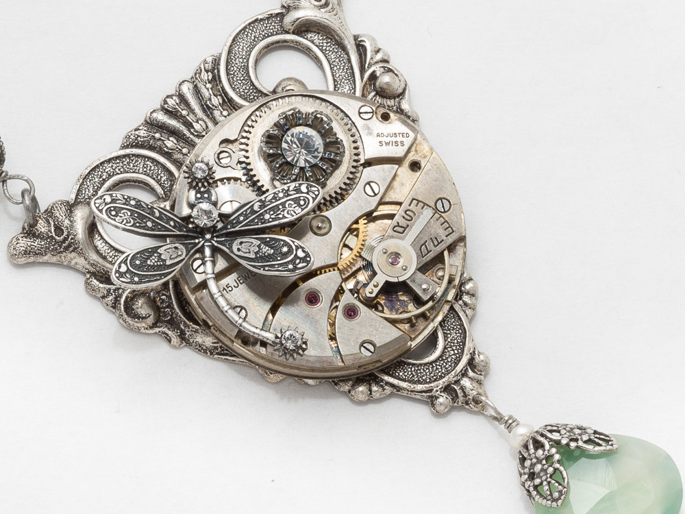 Steampunk Necklace watch movement green Chalcedony pearls crystal silver dragonfly flower filigree Victorian Steampunk jewelry
