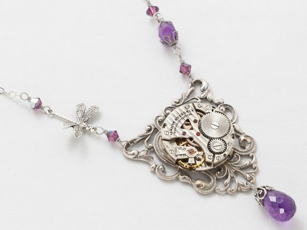 Steampunk Necklace Watch Movement on Victorian Filigree Pendant with Genuine Amethyst Purple Swarovski Crystal Silver Dragonfly