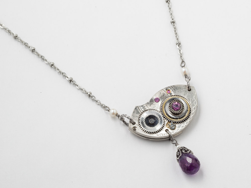 Steampunk necklace watch movement plate gold gears Amethsyt pearls purple crystal silver filigree