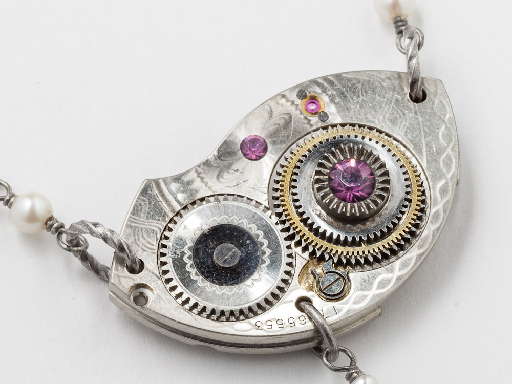 Steampunk necklace watch movement plate gold gears Amethsyt pearls purple crystal silver filigree